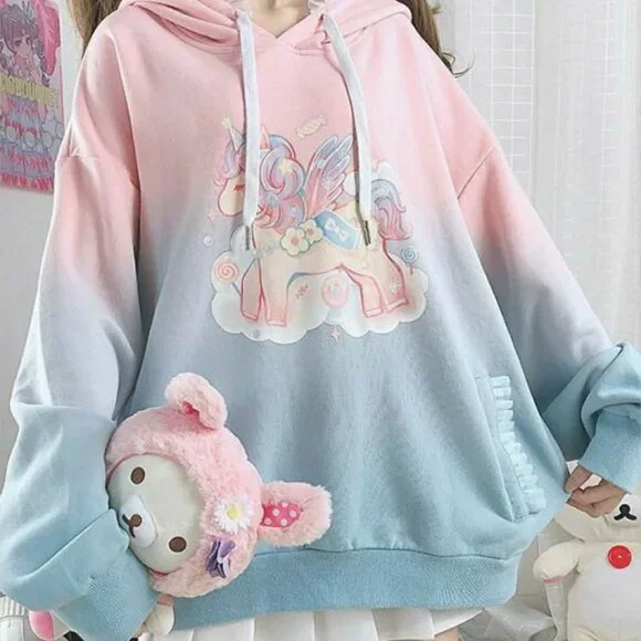Catwish Pastel Unicorn Hoodie Pink Blue Ombre Kawaii Fairycore Sweatshirt - Picture 1 of 11